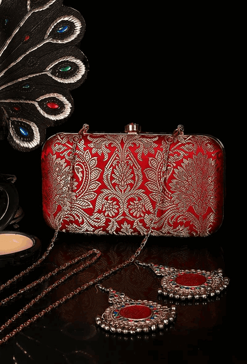 Scarlet Red Brocade Box Clutchwith Sling (8 X 2 X 4.5)